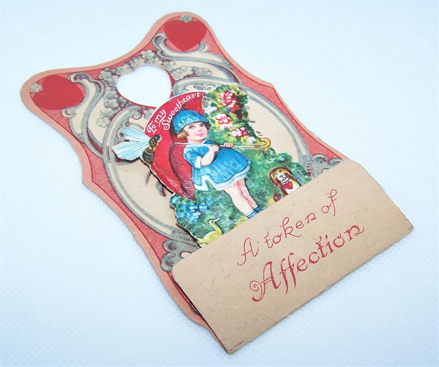 Antique Fold Down Valentines Day Card - Little Girl with Umbrella