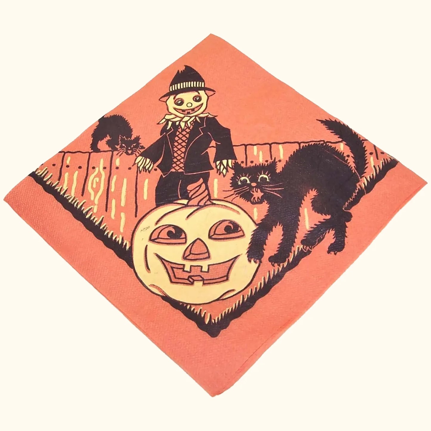 Unused vintage Halloween paper napkin. Graphics include black cats, a scarecrow and lots of pumpkins. Condition is fabulous for framing - bright, vivid color!
