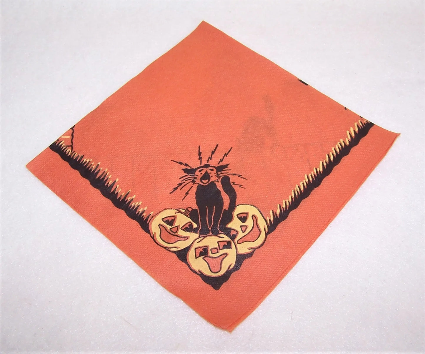 Unused 1960s Halloween Paper Napkin - Black Cat, Scarecrow and Pumpkins