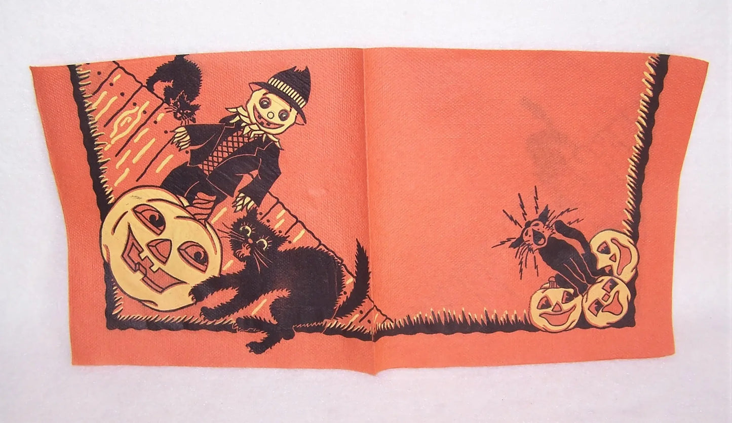 Unused 1960s Halloween Paper Napkin - Black Cat, Scarecrow and Pumpkins