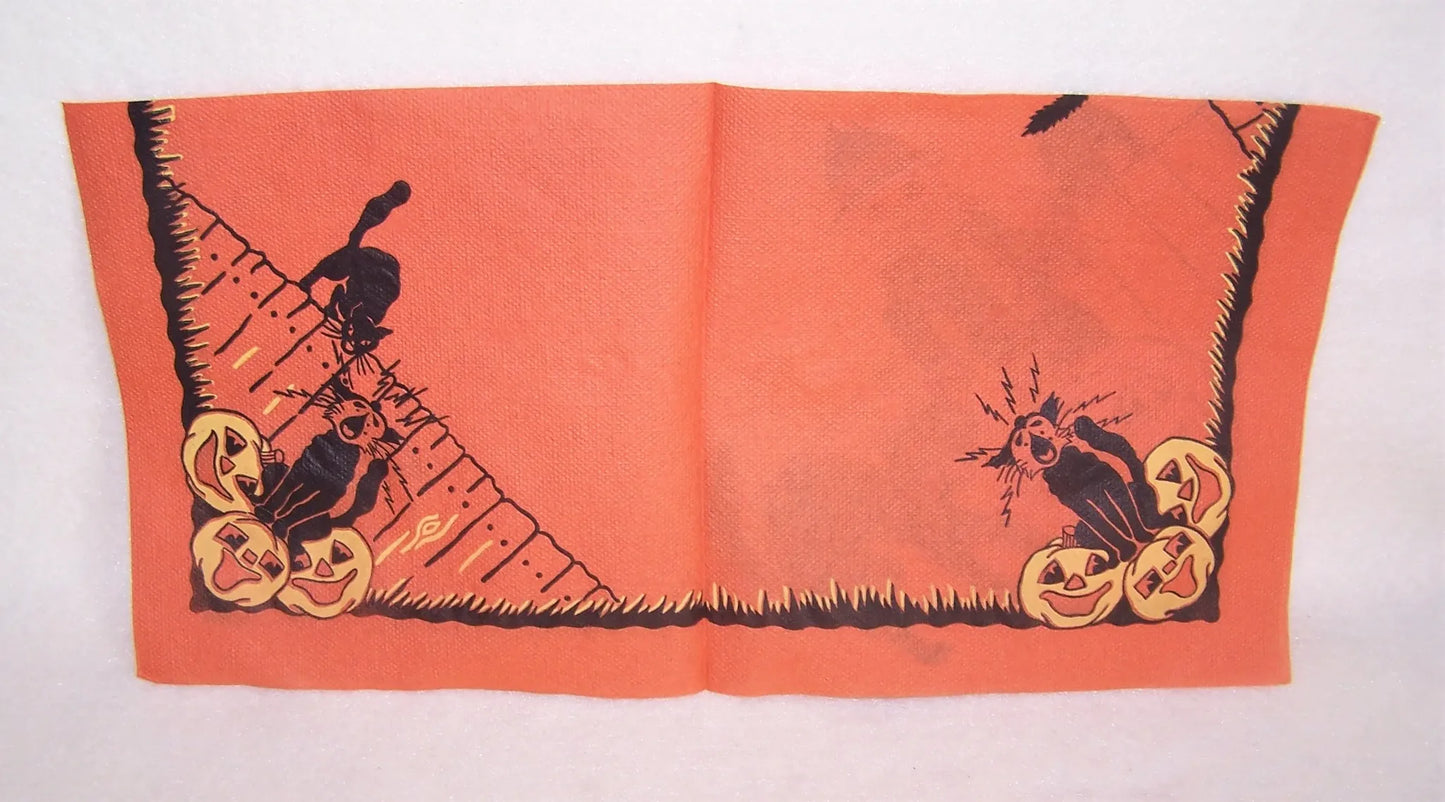 Unused 1960s Halloween Paper Napkin - Black Cat, Scarecrow and Pumpkins