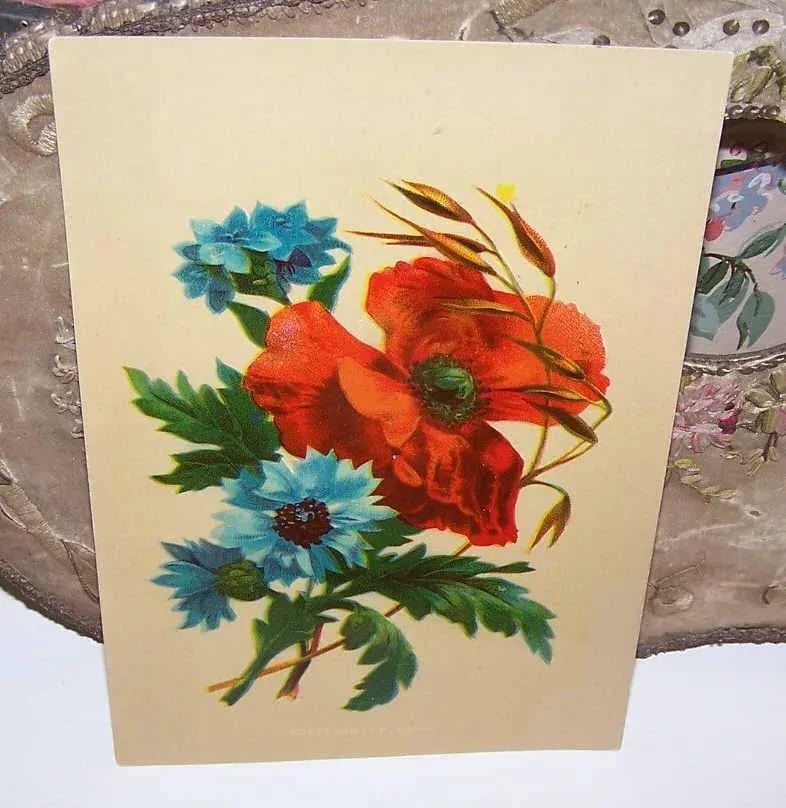 Antique Victorian Chromolithograph - Red Poppies and Blue Anemones