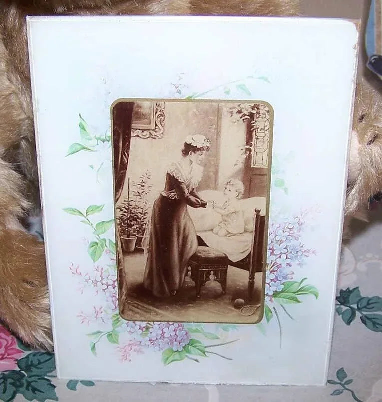 Antique Victorian Mother & Child Nursery Image under Glass Frame