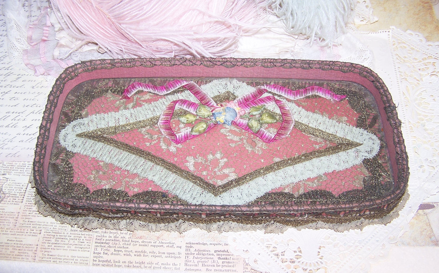 French Art Deco Boudoir Glass Tray. Rose mauve fabric overlaid with French gold braid, rococo ribbon and handmade ribbonwork flowers. Shabby Chic look.