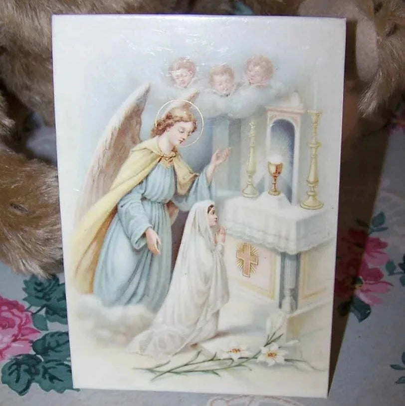French Art Deco Celluloid Easel Print of Girl at First Communion