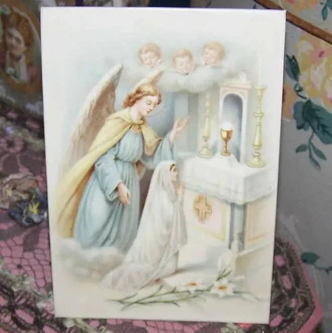 French Art Deco Celluloid Easel Print of Girl at First Communion