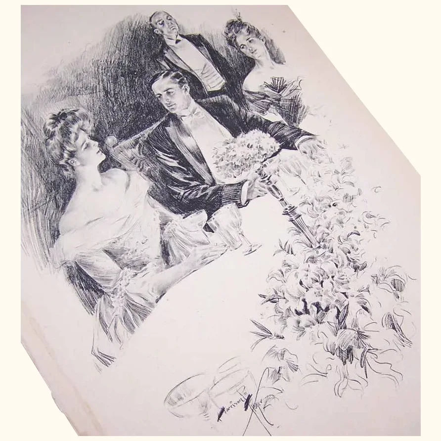 Dated 1903 b&w book illustration by Harrison Fisher. Mr Fisher was an American artist who, like Charles Dana Gibson, sought to beautify the Edwardian woman.