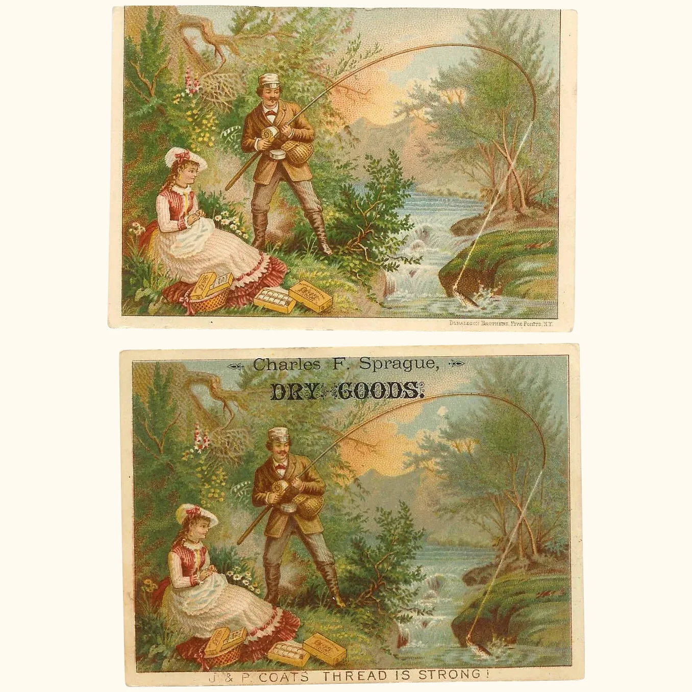 2 Antique Victorian trade cards for J&P Coats Threads. A lady sits on a blanket with a sewing basket beside her while her gentleman friend fishes in a stream.