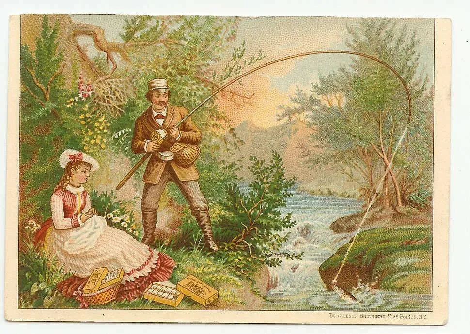 2 Antique Victorian Trade Card for J&P Coats Thread - Lady & Gent Fishing