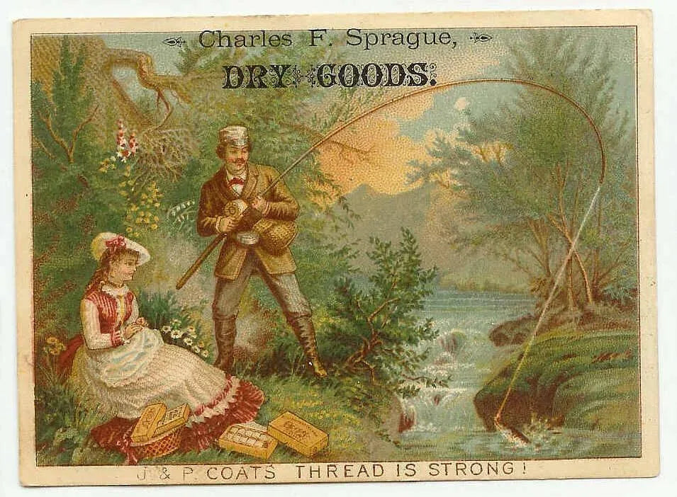 2 Antique Victorian Trade Card for J&P Coats Thread - Lady & Gent Fishing