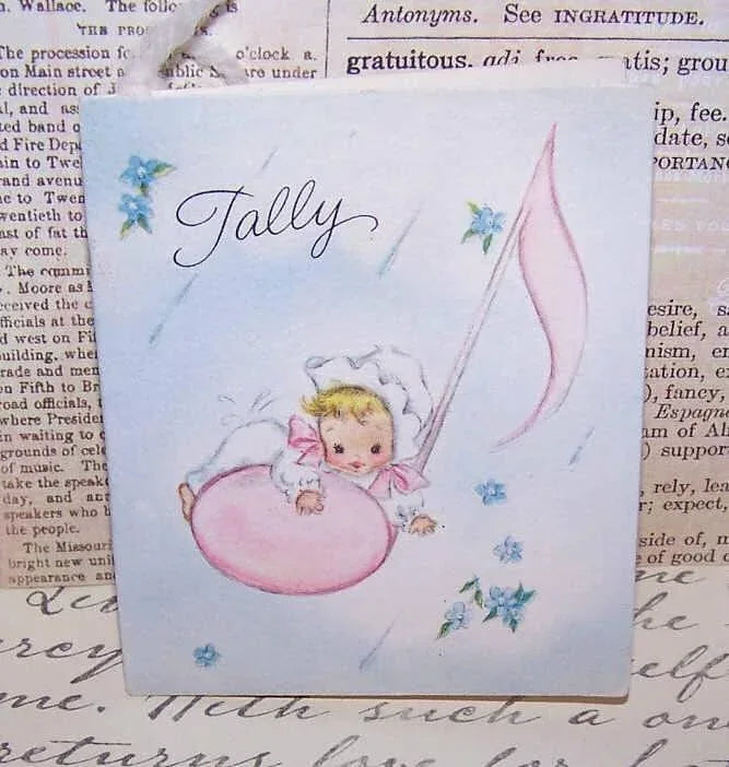 From Hallmark, a 1950s/60s set of 11 unused Baby Shower Bridge Tallies. Coloring is baby pink and blue; front graphic appears to be a baby girl.