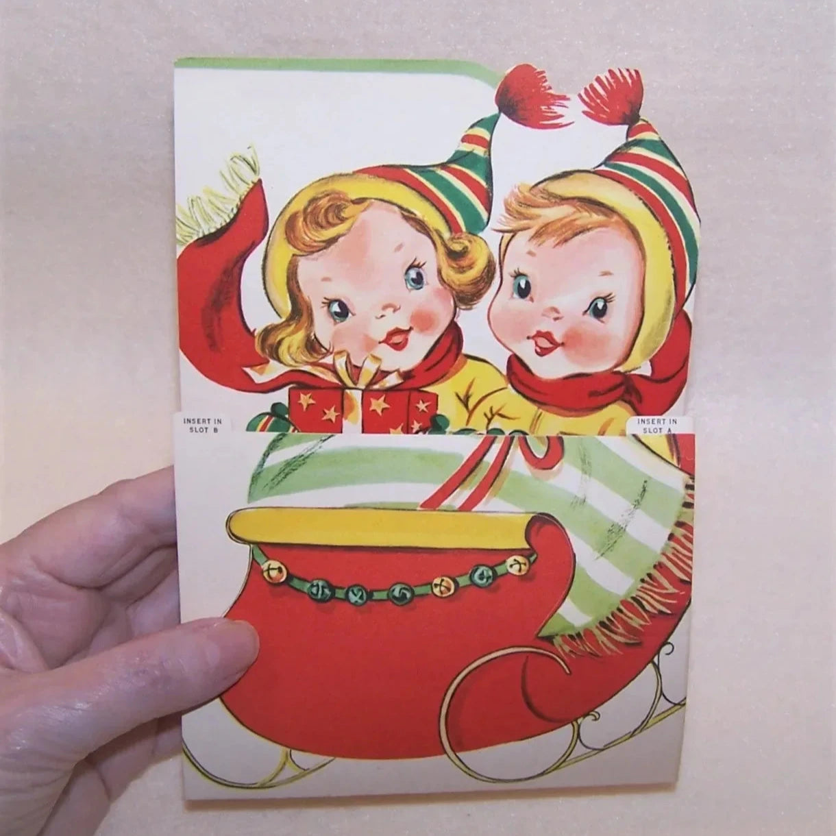 Unused Vintage Greeting Card - Merry Christmas | Children in Sleigh