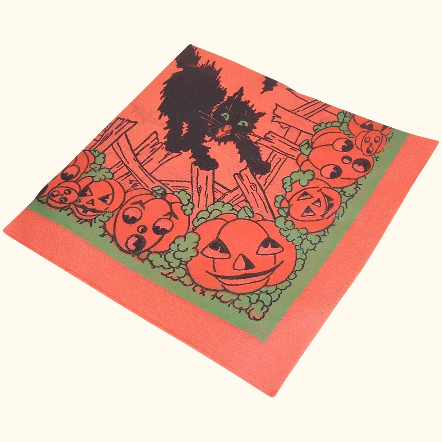 Unused vintage Halloween paper napkin. Graphics include black cats, bats and lots of pumpkins. Condition is fabulous for framing - bright, vivid color!