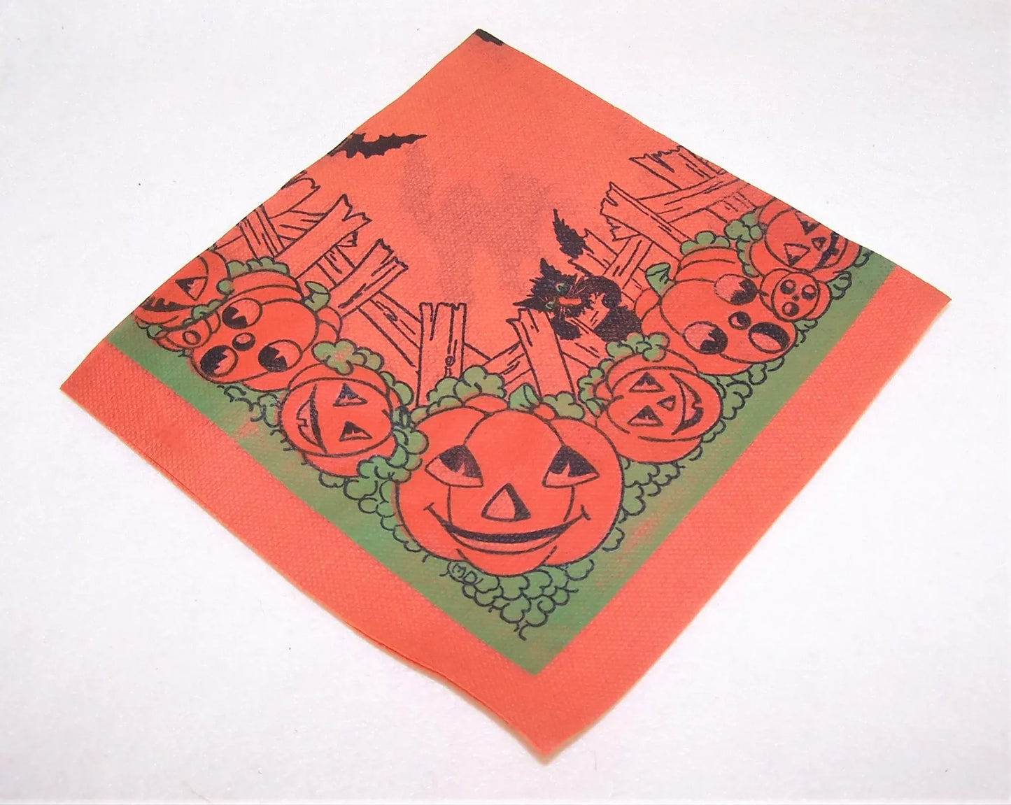 Unused 1960s Halloween Paper Napkin - Black Cat, Bats and Pumpkins
