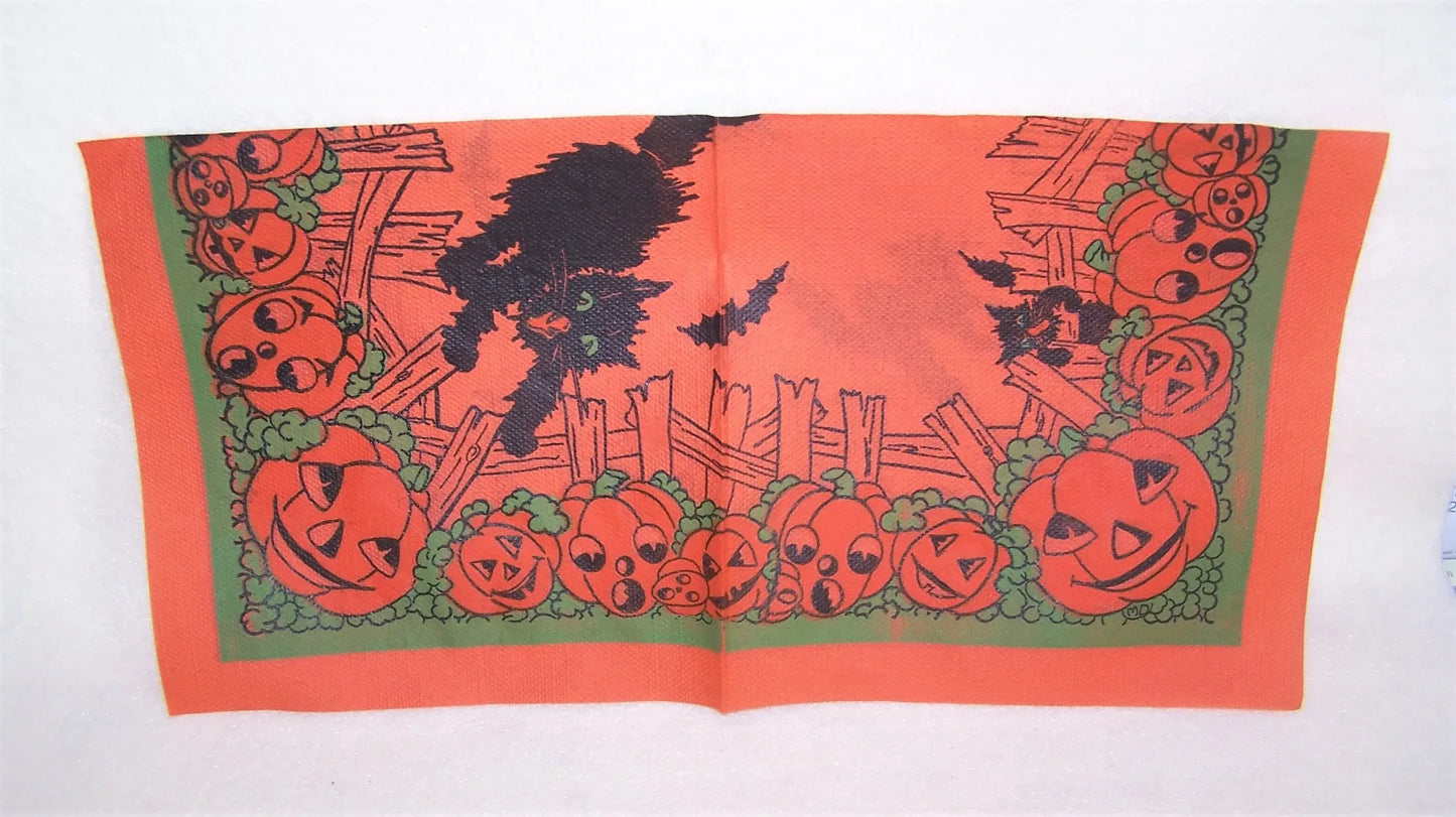 Unused 1960s Halloween Paper Napkin - Black Cat, Bats and Pumpkins