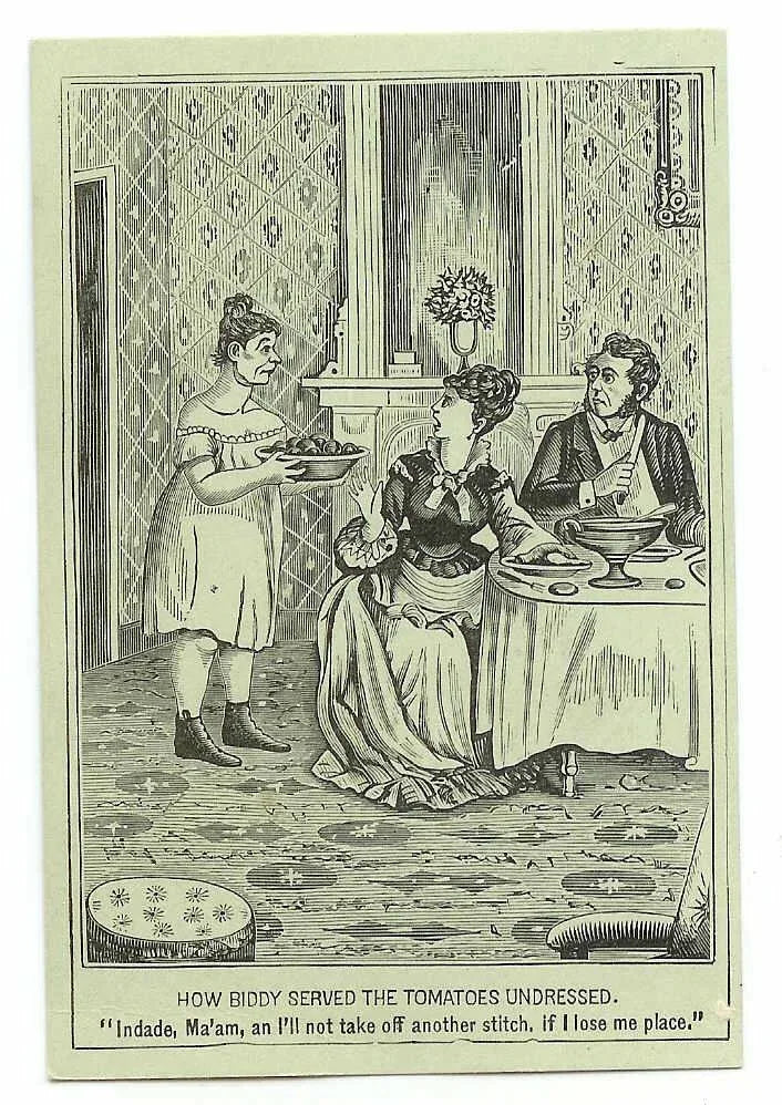 Antique Victorian Trade Card - How Biddy Served the Tomatoes Undressed