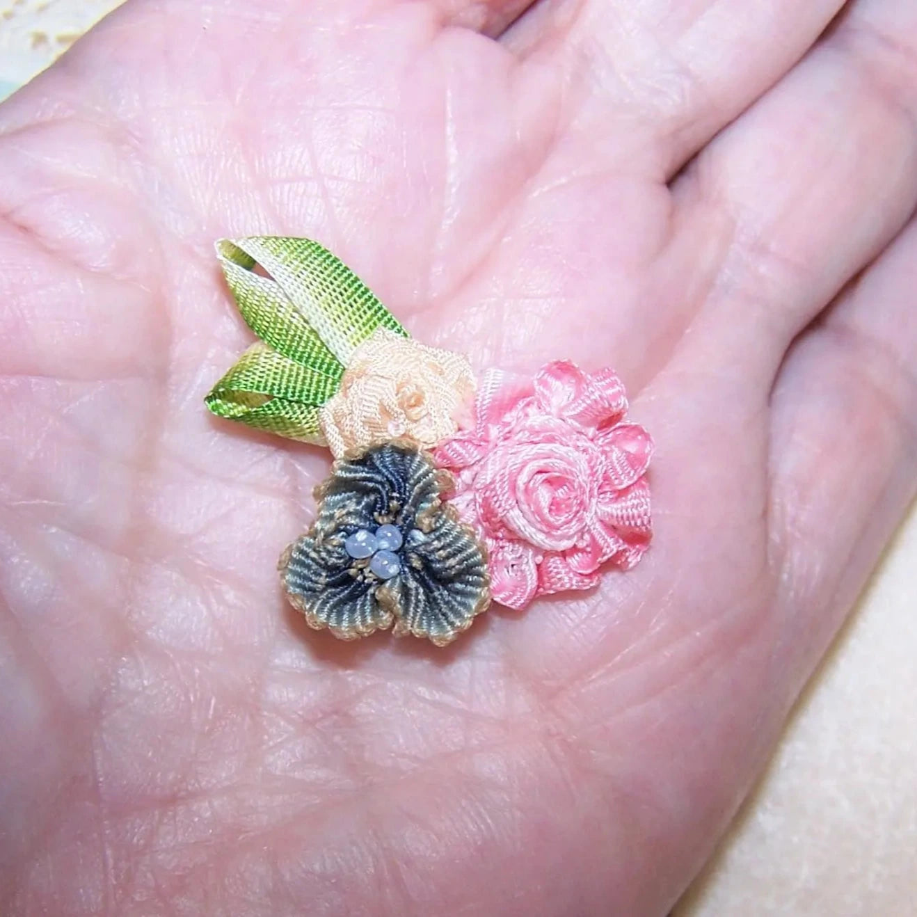 Antique French Ribbonwork Spray - Pink Blue Yellow Ombre Ribbon Florals