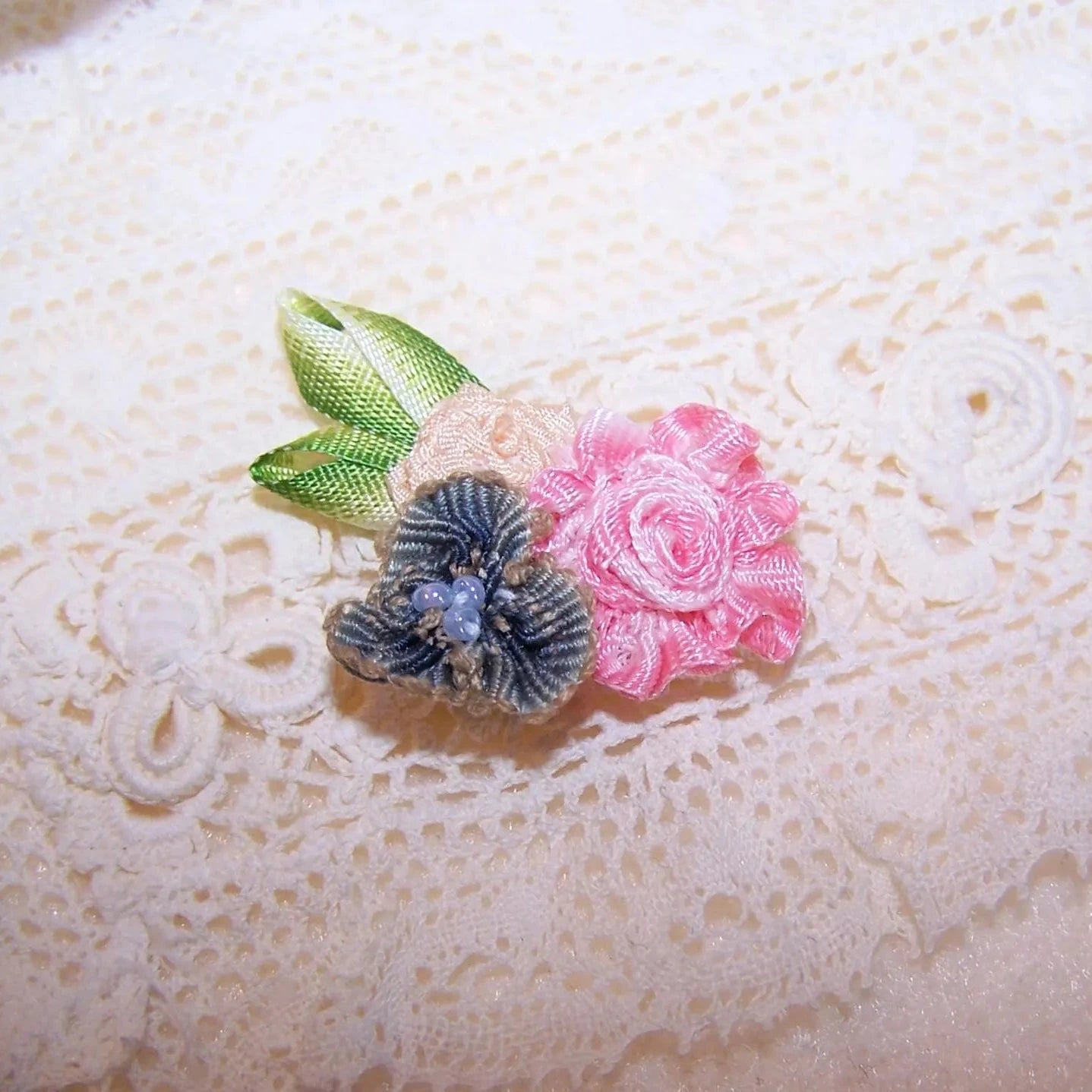 Antique French Ribbonwork Spray - Pink Blue Yellow Ombre Ribbon Florals