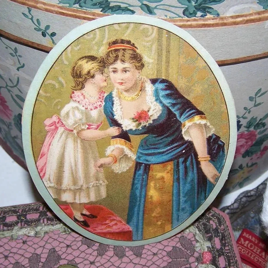Antique Victorian chromolithograph of a child / young lady. From an old scrapbook album, paper residue on reverse. Size is 4-1/2" x 5-1/2". Just needs a frame.
