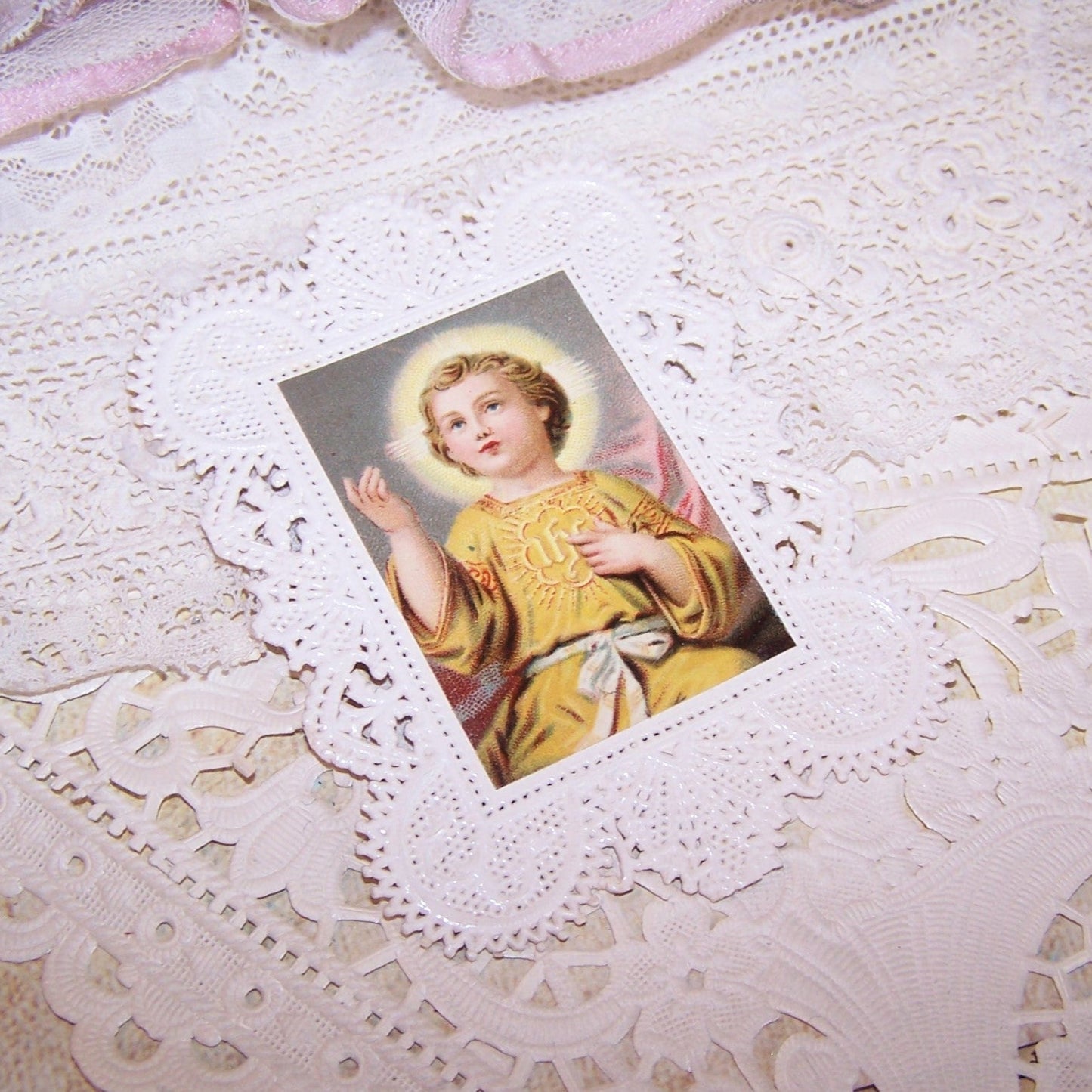 Antique Paper Lace Religious Prayer Card - Infant Jesus