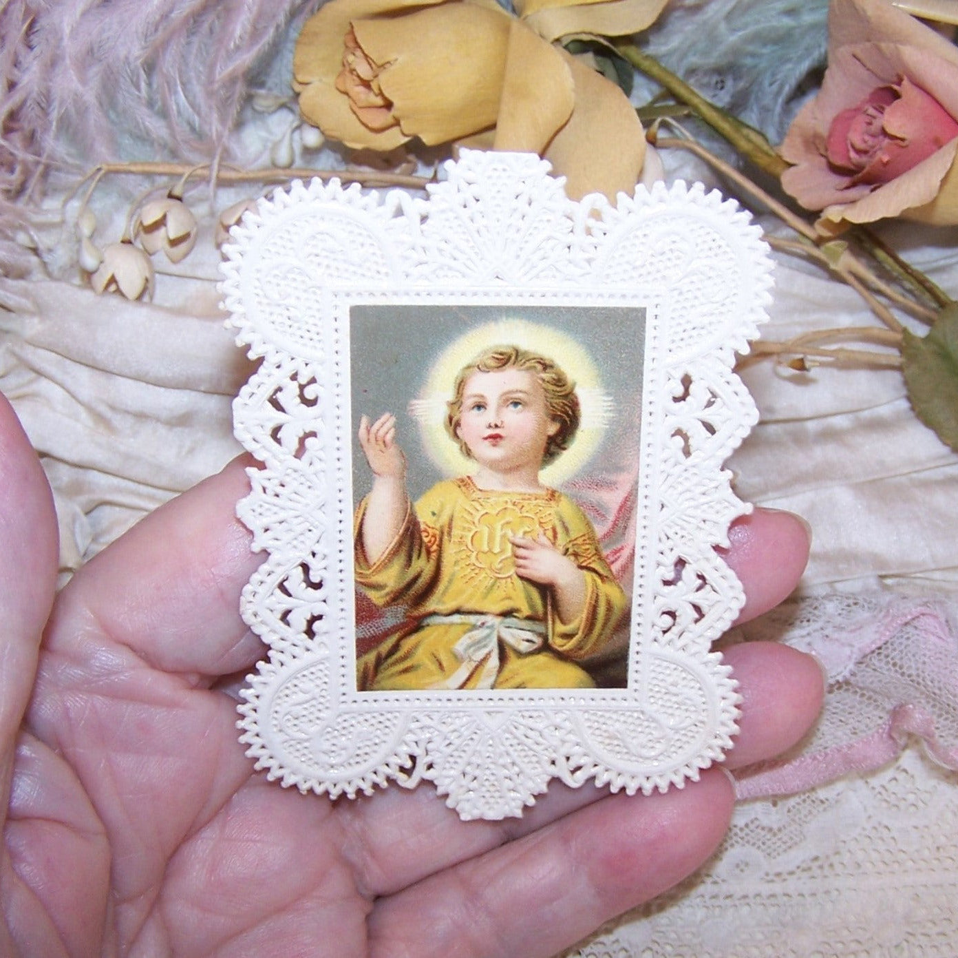 Antique Paper Lace Religious Prayer Card - Infant Jesus