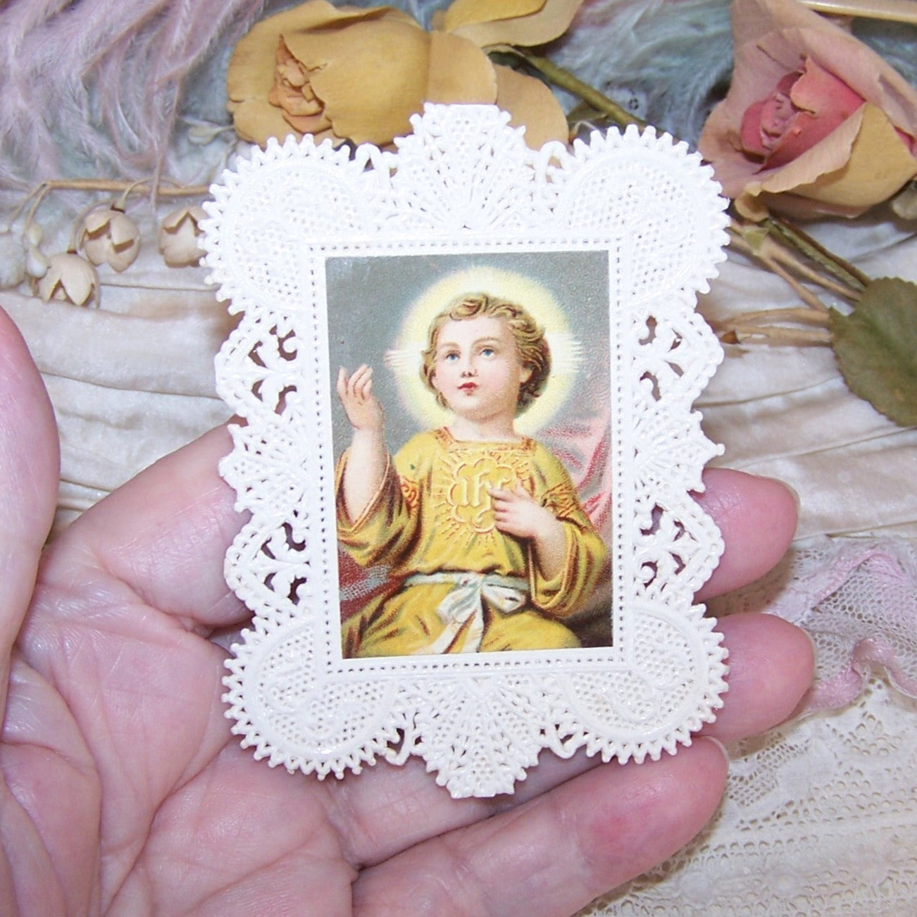 Antique Paper Lace Religious Prayer Card - Infant Jesus