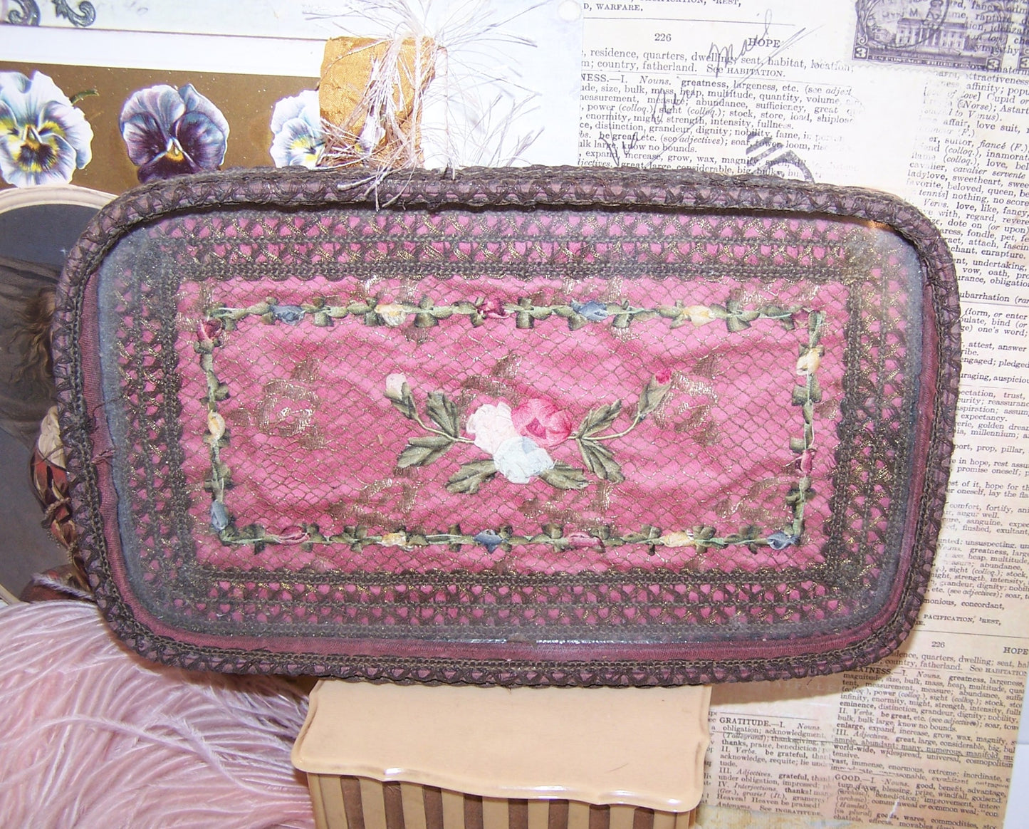French Art Deco Boudoir Glass Tray. Rose mauve fabric overlaid with French gold braid, rococo ribbon and handmade ribbonwork flowers. Shabby Chic look.
