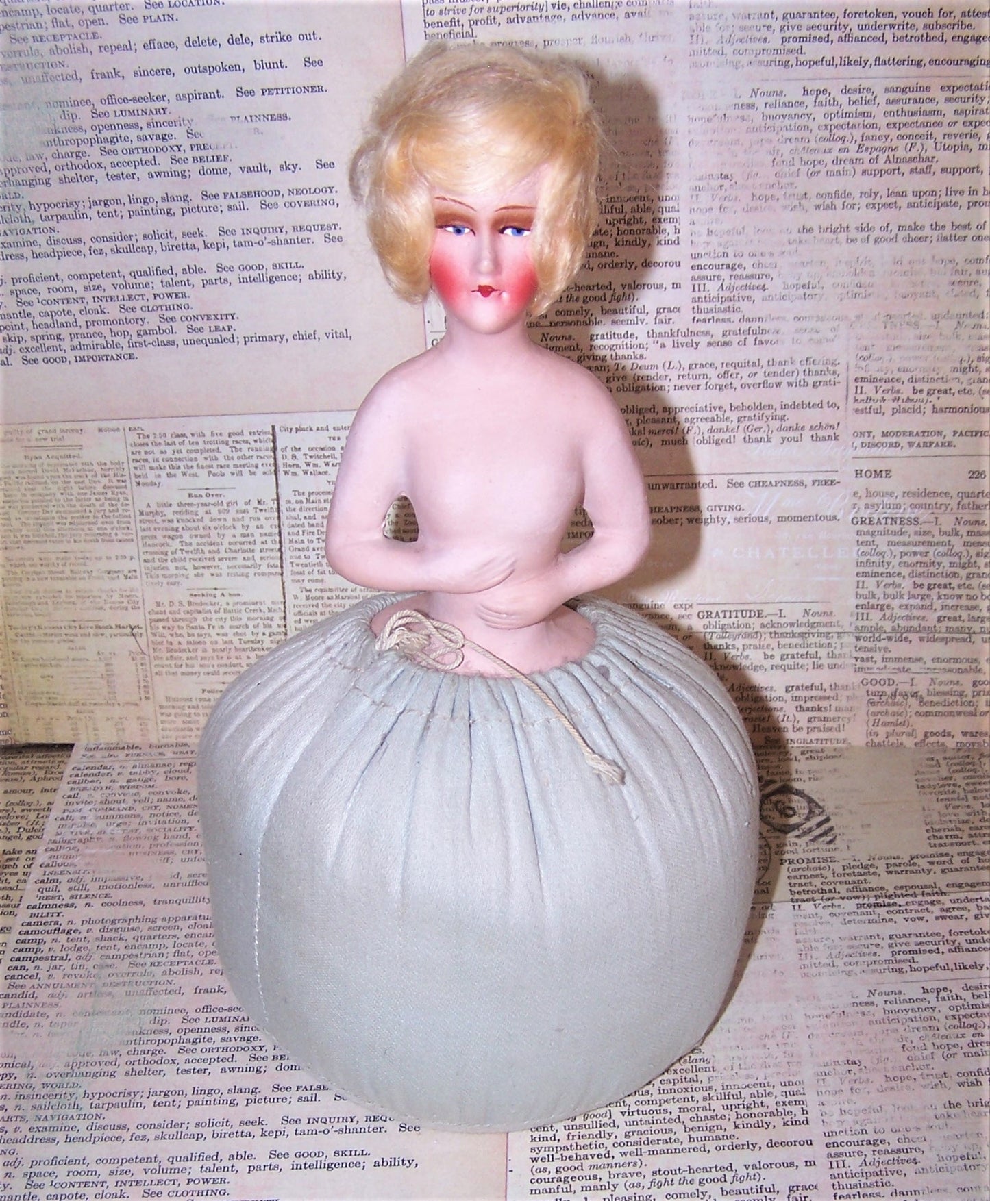 German Art Deco Boudoir Doll - Bed Doll - Flapper Doll made of paper mache (or composition). Comes with original pin cushion bottom. Yellow mohair hair.