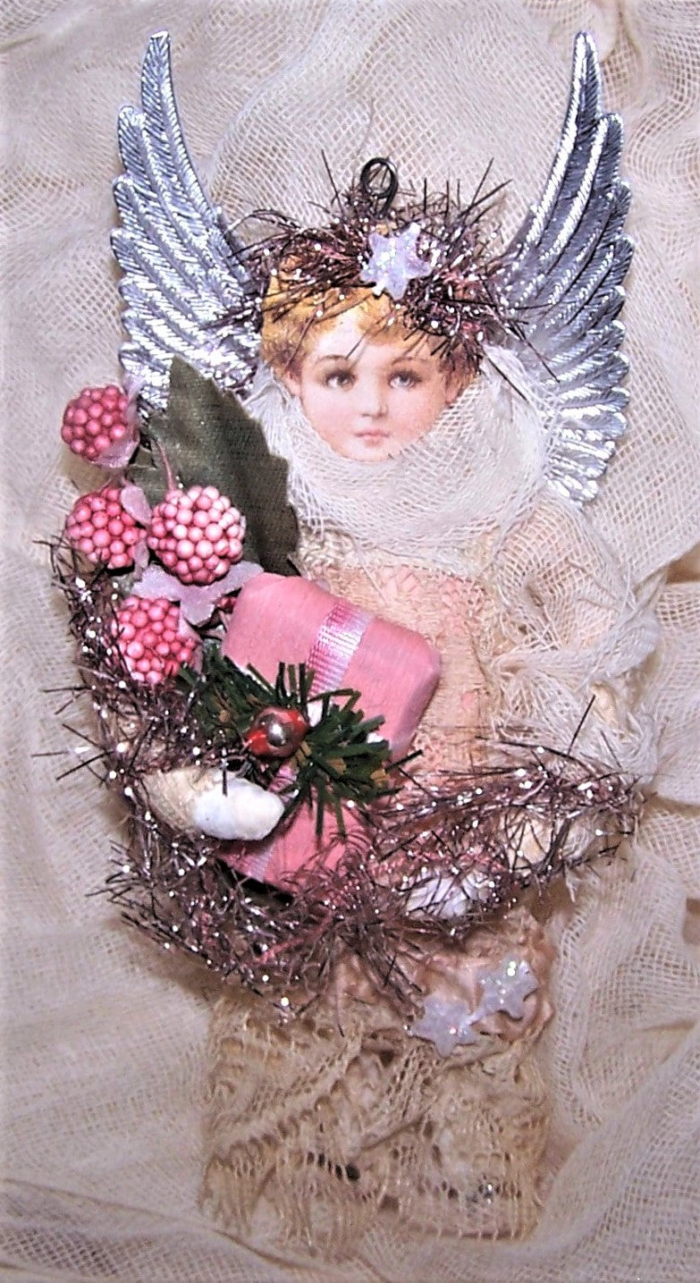 Victorian Revival Spun Cotton Angel Ornament | Silver & Pink