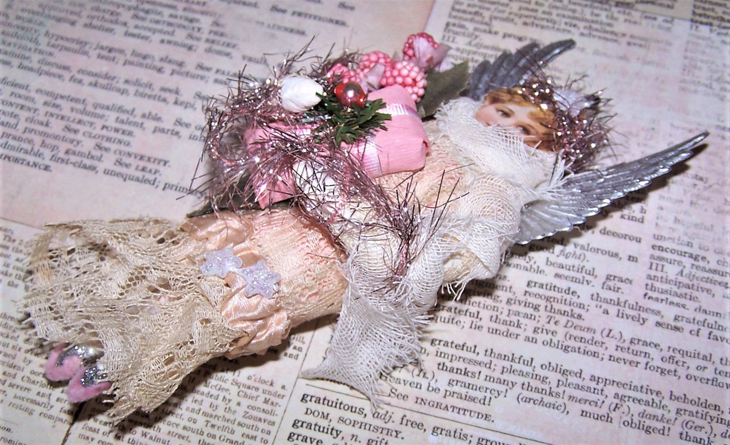 Victorian Revival Spun Cotton Angel Ornament | Silver & Pink