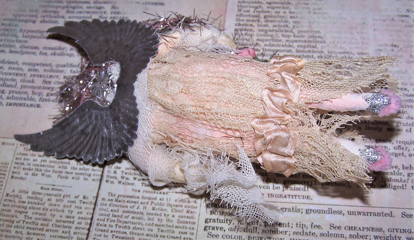 Victorian Revival Spun Cotton Angel Ornament | Silver & Pink