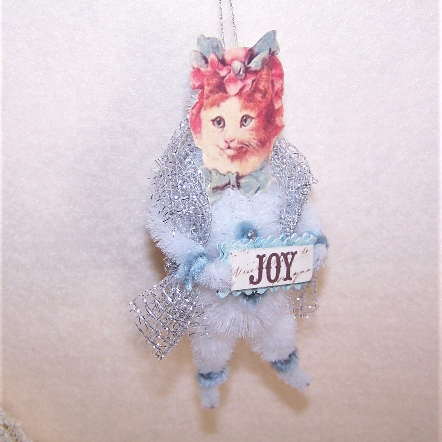 Victorian Revival Chenille Ornament - Tabby Cat Carrying JOY Sign
