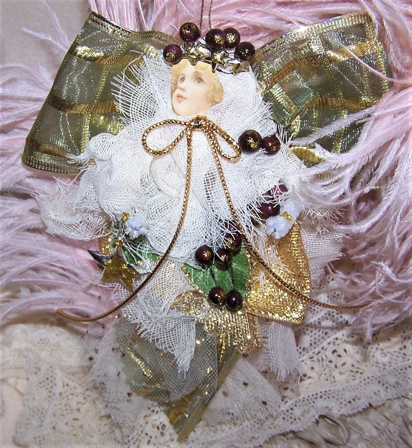 Victorian Revival Mixed Media Angel Christmas Ornament | Olive Green & Gold