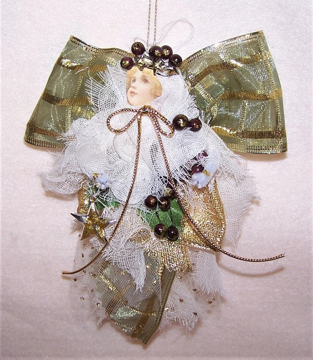 Victorian Revival Mixed Media Angel Christmas Ornament | Olive Green & Gold