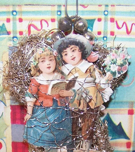 Victorian Revival Mercury Glass Bead & Tinsel Christmas Ornament - Couple Singing a Song