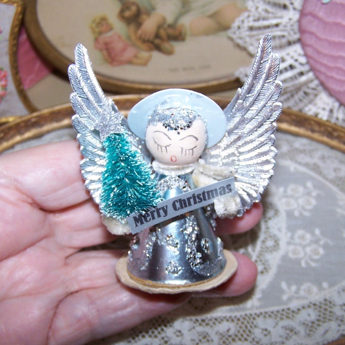 Upcycled Made in Japan Christmas Ornament - Silver Blue Angel