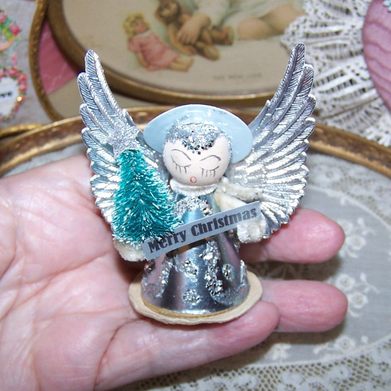 Upcycled Made in Japan Christmas Ornament - Silver Blue Angel