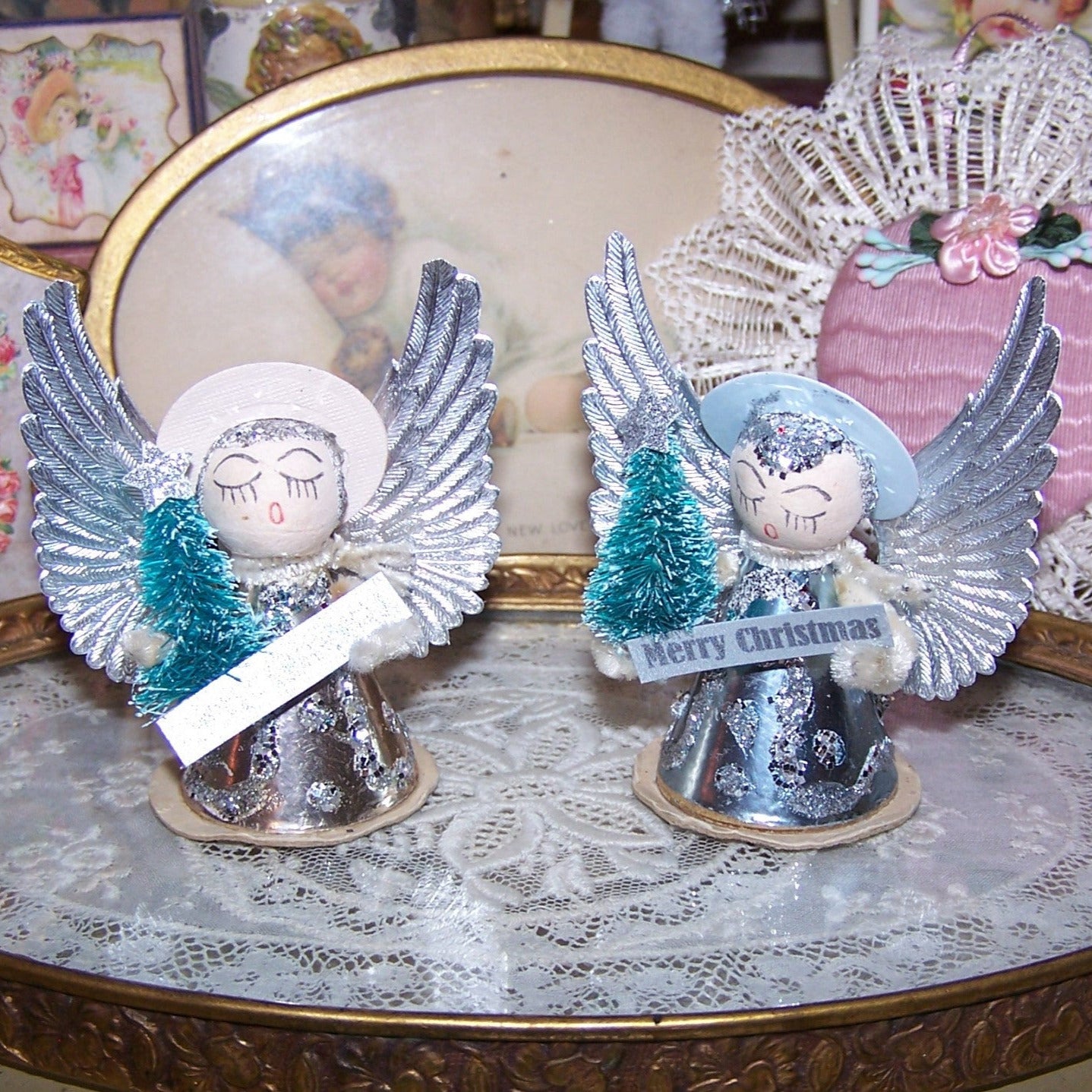 Upcycled Made in Japan Christmas Ornament - Silver Blue Angel