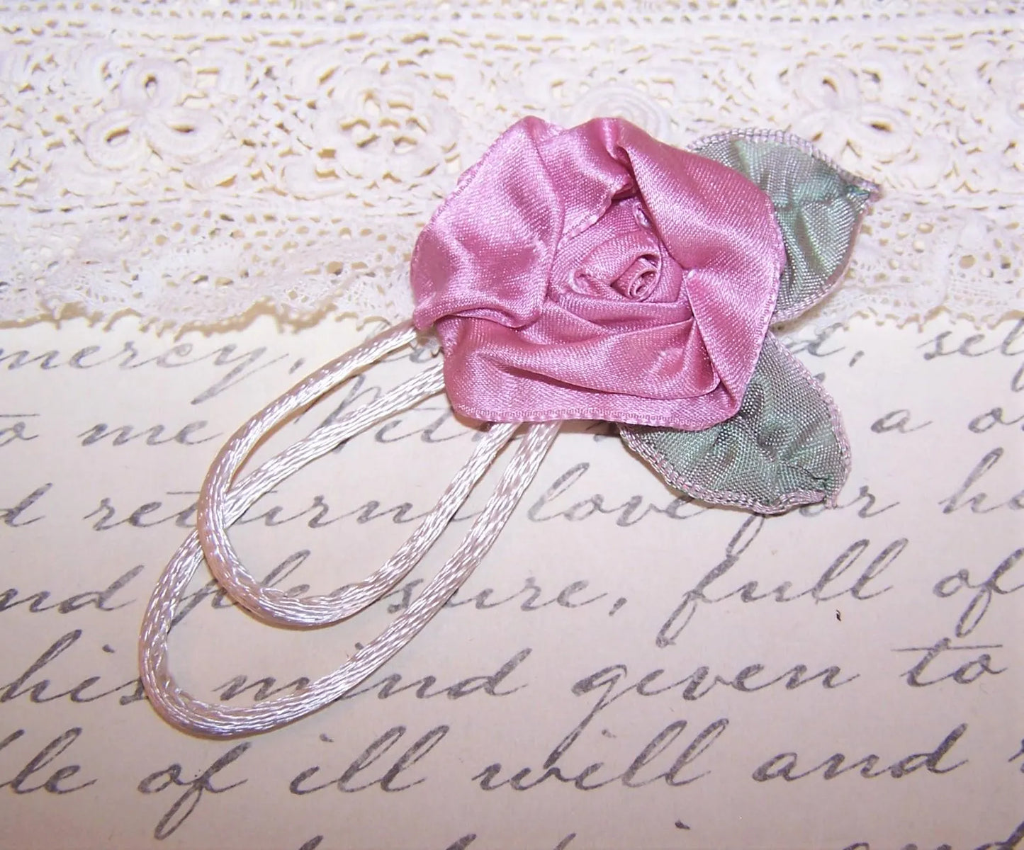 Revival French Ribbonwork Applique - Mauve Satin Rose with Ombre Leaves