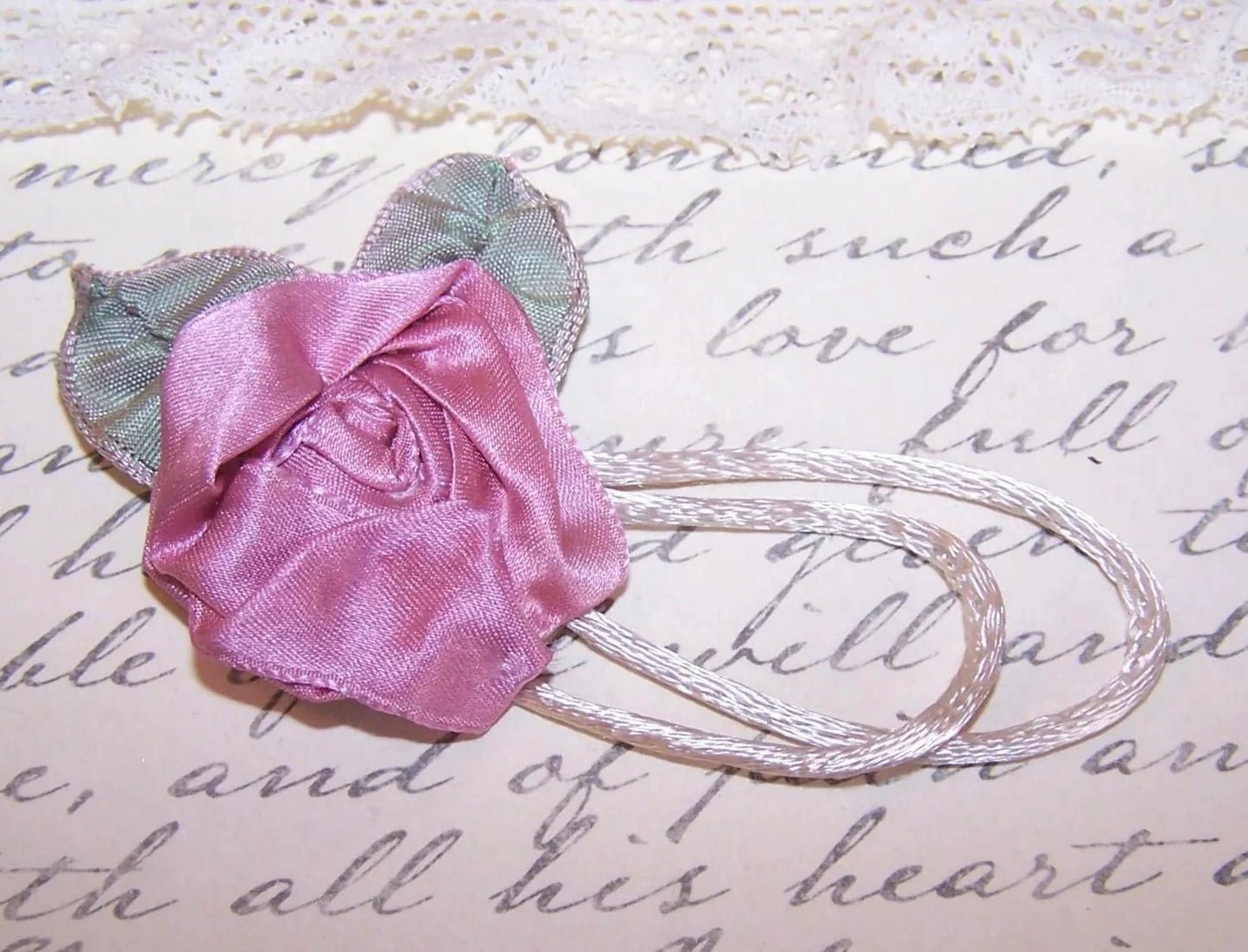 Revival French Ribbonwork Applique - Mauve Satin Rose with Ombre Leaves