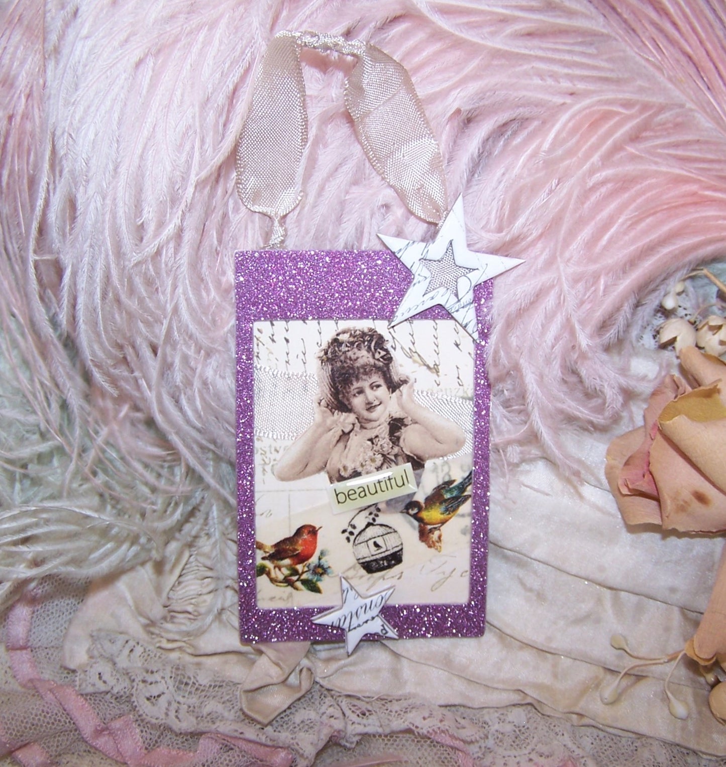 OOAK handcrafted mixed media ornament/gift tag for any event where the sentiment is BEAUTIFUL. Gay 90s image of a lovely lady as well as birds and stars.