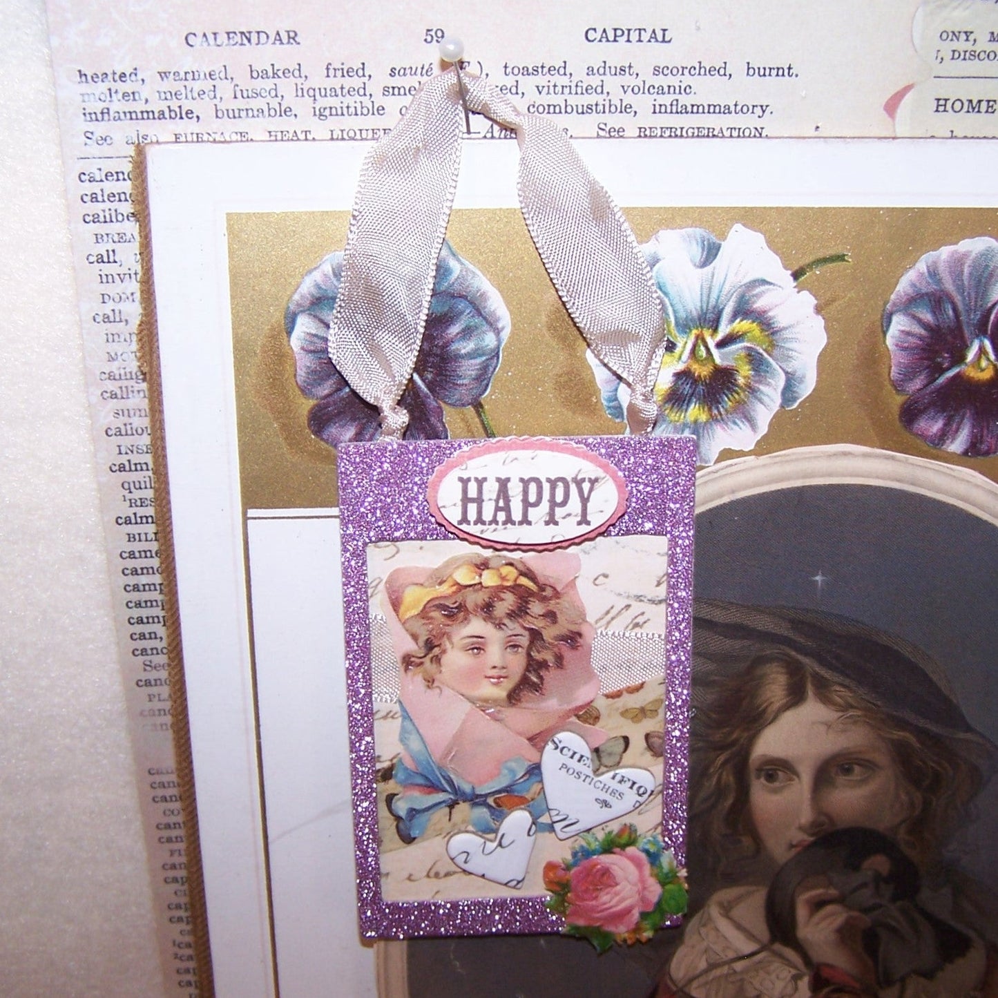OOAK handmade ornament for any HAPPY occasion. The mauve frame holds the image of a young girl as well as some hearts. Repro photographer's label on back.