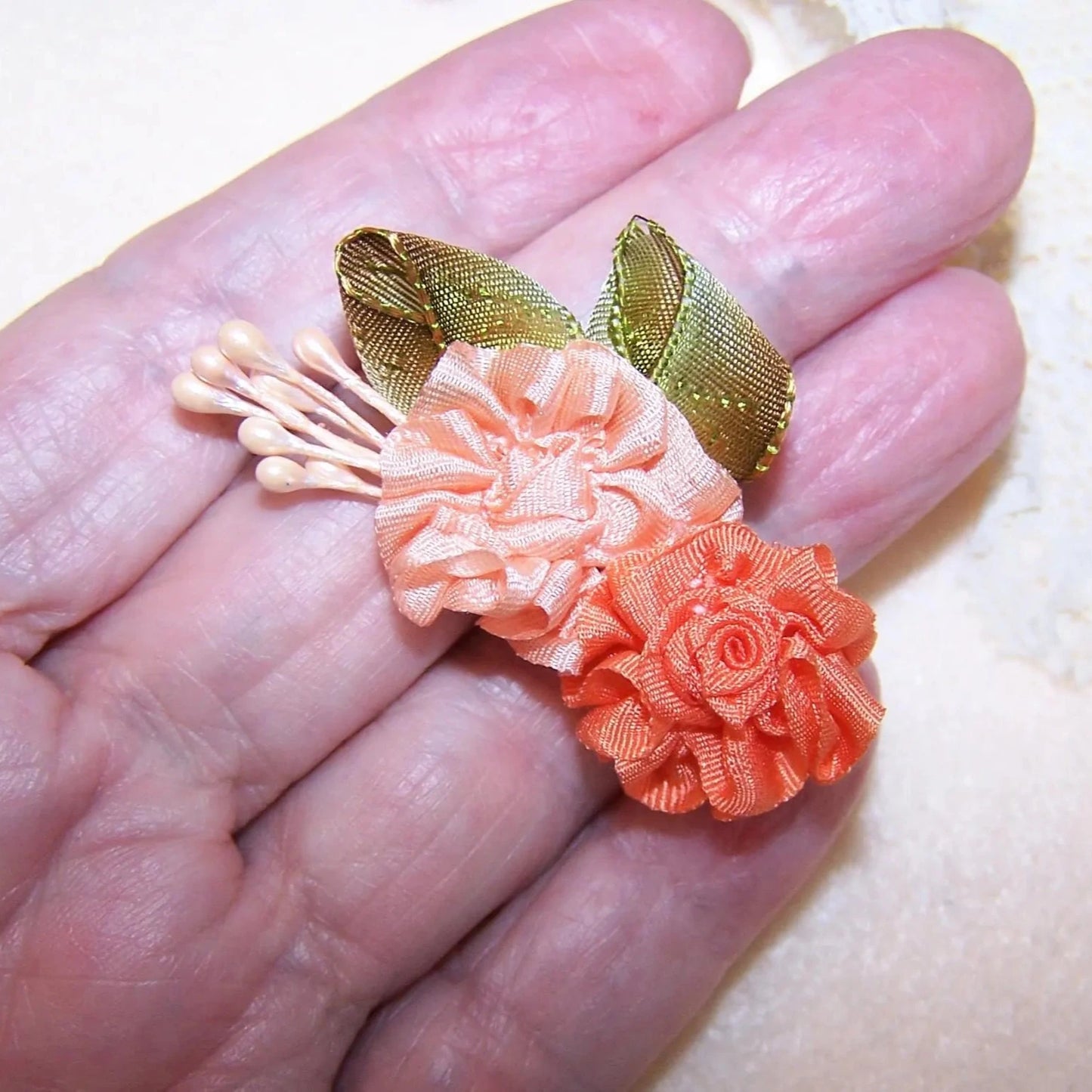Revival French Ribbonwork - Orange Peach Silk Flower Applique