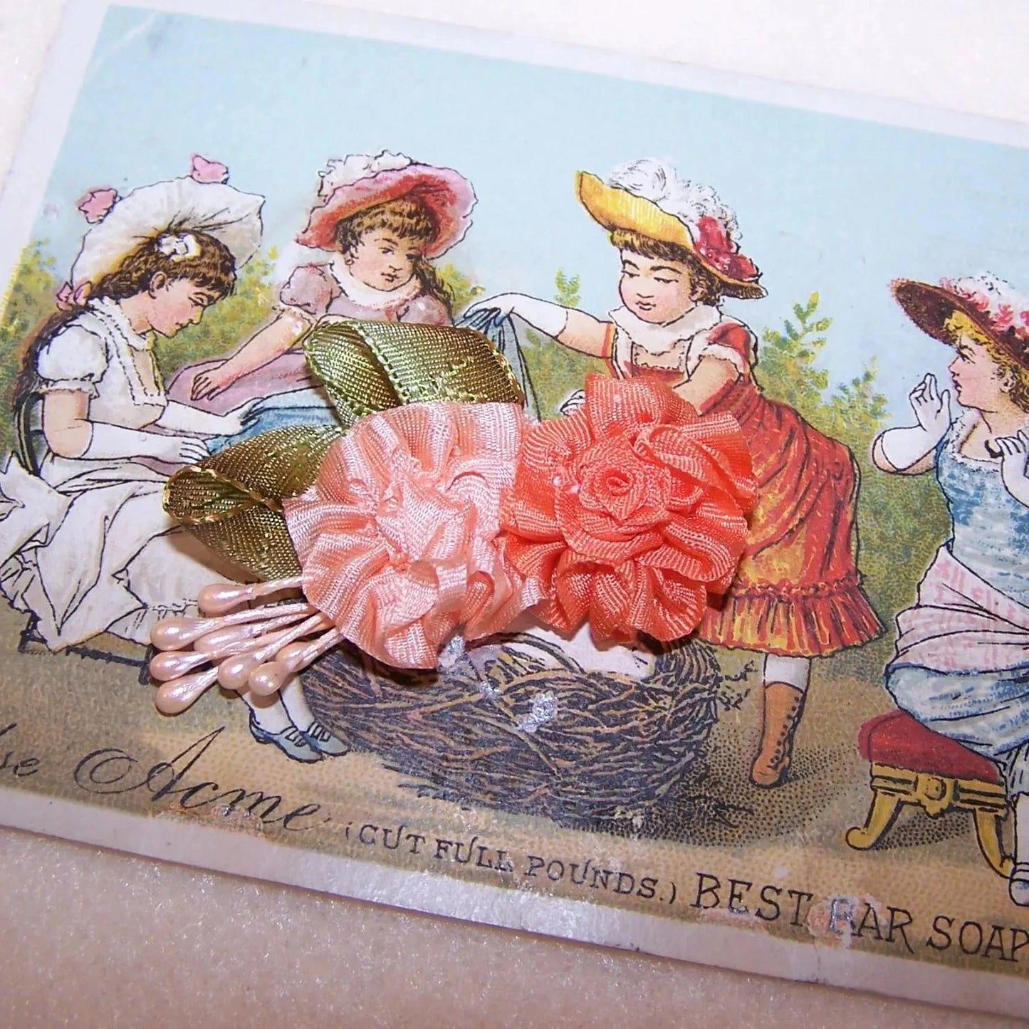 Revival French Ribbonwork - Orange Peach Silk Flower Applique