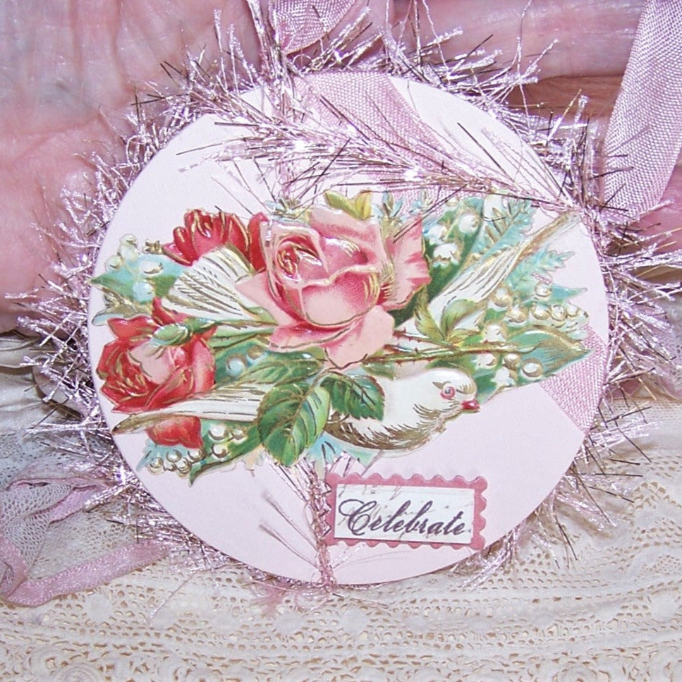 Mixed Media Gift Card or Package Decoration / Dove Ornament - Celebrate