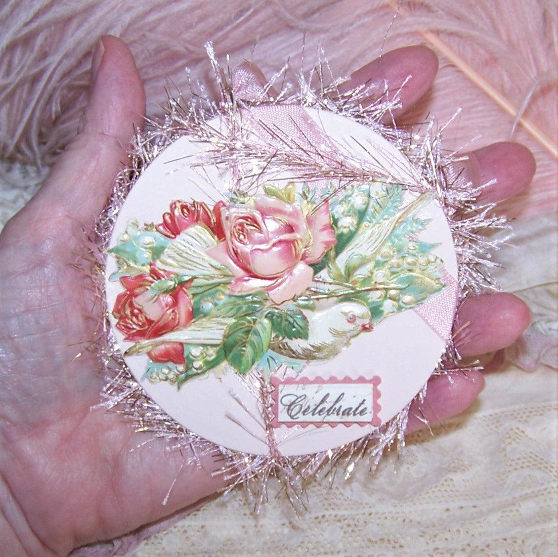 Mixed Media Gift Card or Package Decoration / Dove Ornament - Celebrate