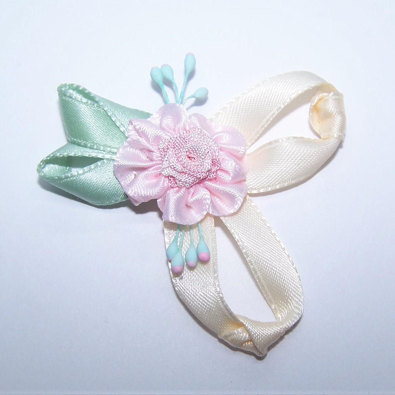 Revival French Ribbonwork Applique - Pink Rose with Leaves & Sugar Pips