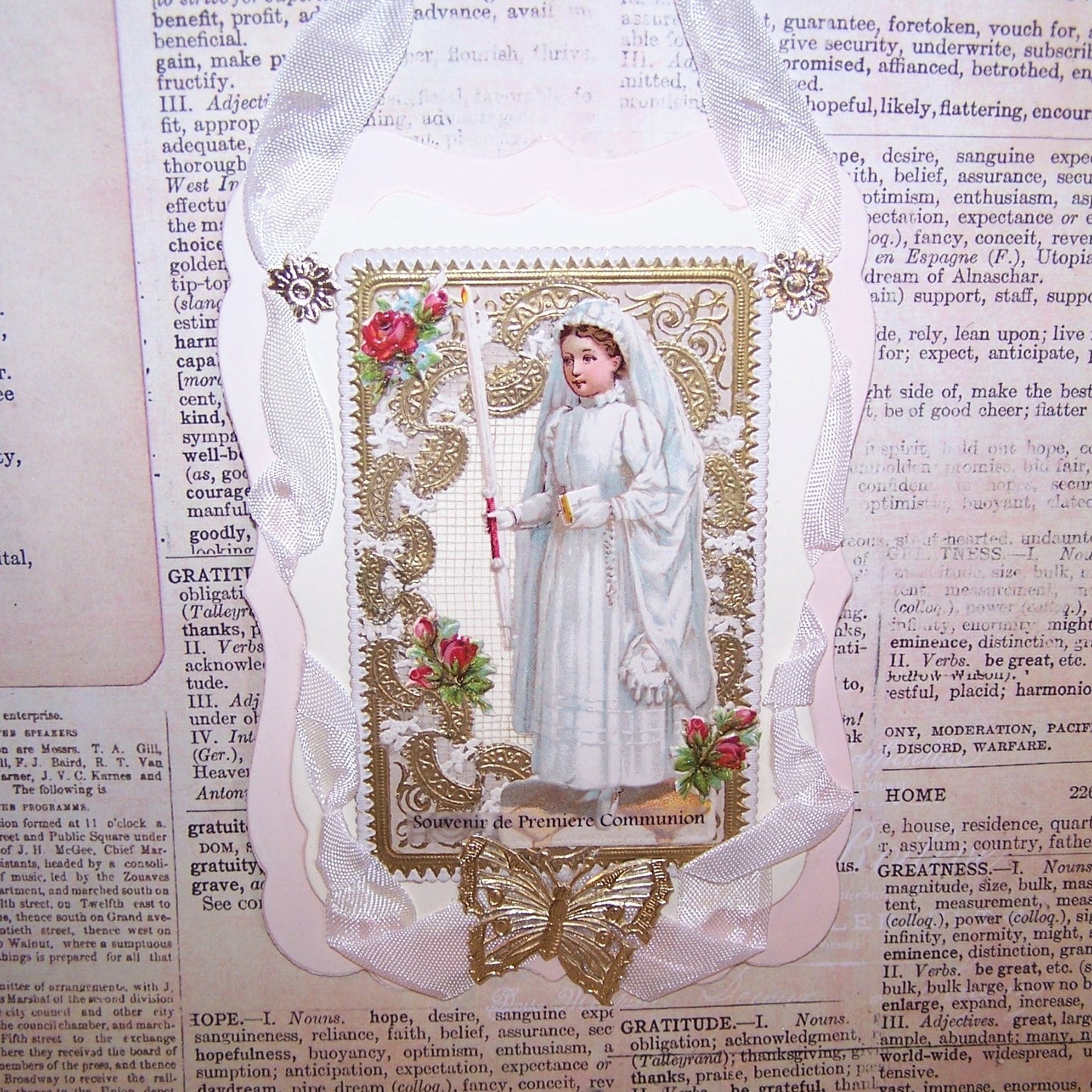 French Napoleon III Revival Souvenir of Premiere Communion. Mixed materials combined to create this OOAK ornament for a young girl's special day. 9" x 3-1/2".