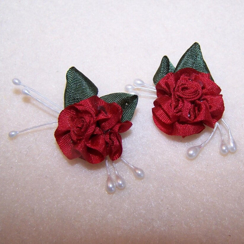 French Revival Ribbonwork - Set/2 Deep Red Silk Ribbon Flowers with Sugar Pips