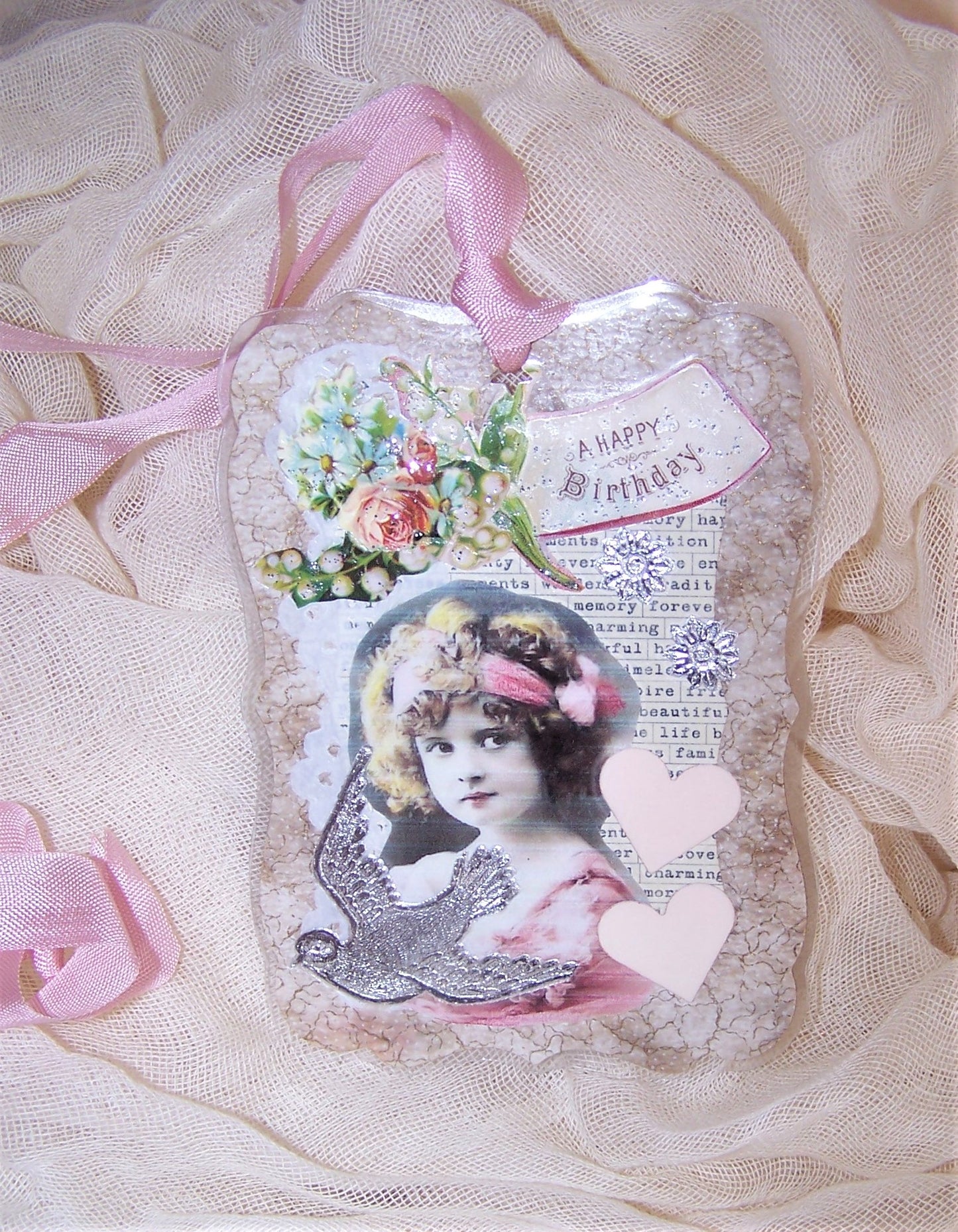 A Happy Birthday. Re-useable gift tag / card made from mixed materials. Modern day cardstock with repro antique images - a little girl and pink roses.